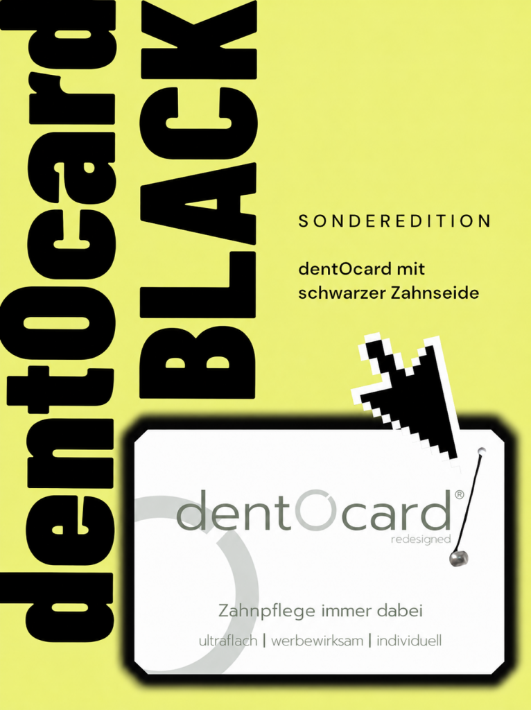 Yellow cover with large black vertical text and a white dentOcard card graphic; includes a pixel cursor and German slogan for a dental care product.