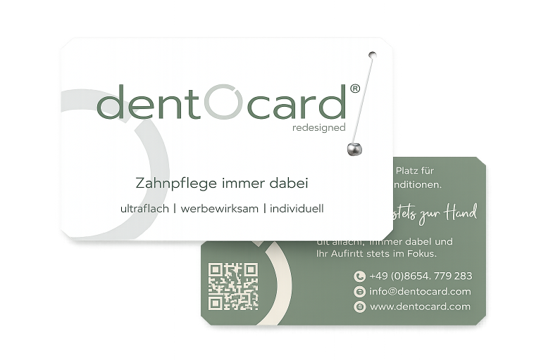 Dentocard redesigned sign with logo and German slogan “Zahnpflege immer dabei” beside a QR code panel.