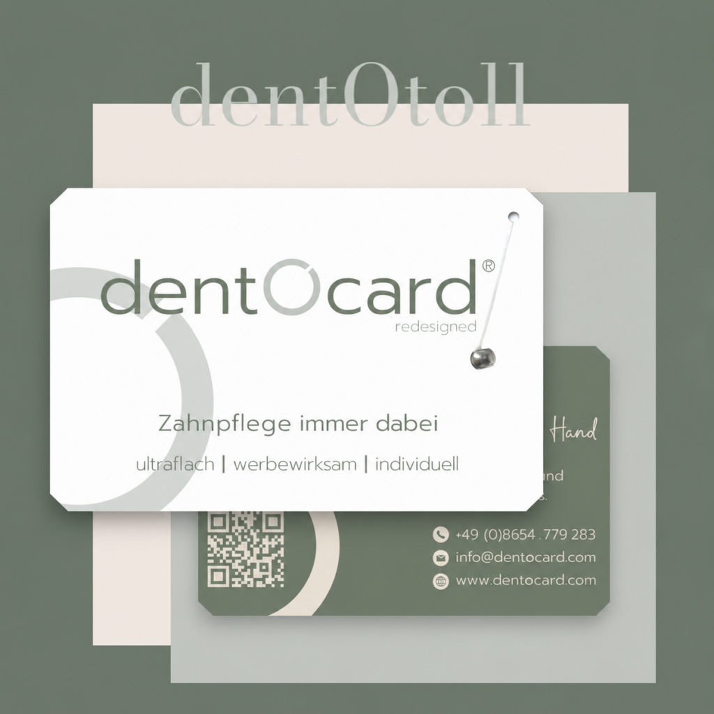 Layered business-card collage for dentOcard branding: white card with 'dentOcard redesigned' logo, German tagline and a QR code on a muted green/grey background.