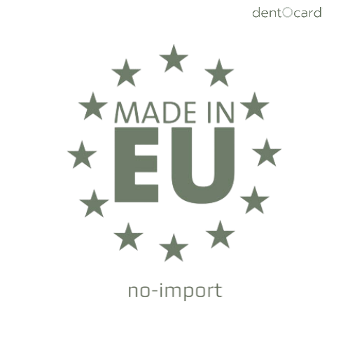 EU-made badge with a circle of stars surrounding large 'EU', 'MADE IN' above and 'no-import' below; dentOc​ard logo in the top-right.