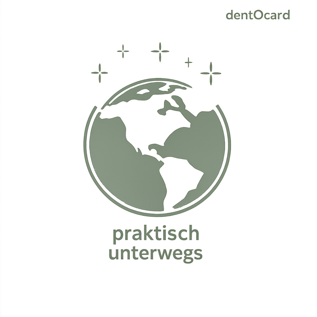 Dentocard logo: a stylized globe with continents and decorative stars, plus the slogan 'praktisch unterwegs' beneath.